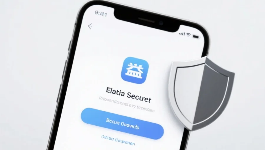 一部现代智能手机屏幕上显示联赢应用的安全下载界面，旁边有安全盾牌图标，背景简洁